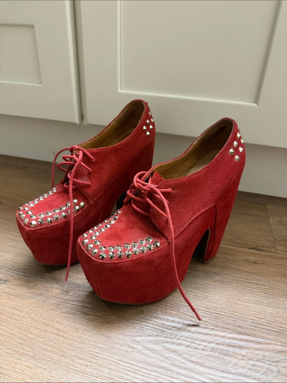 Jeffrey Campbell Red Studded Suede Platform Lace-Up Heels